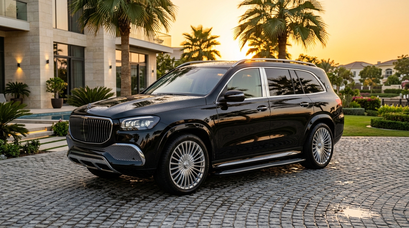 A freshly detailed luxury car in a Dubai driveway