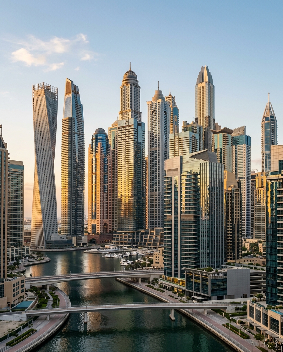 Dubai's corporate skyline of glass office towers at golden hour