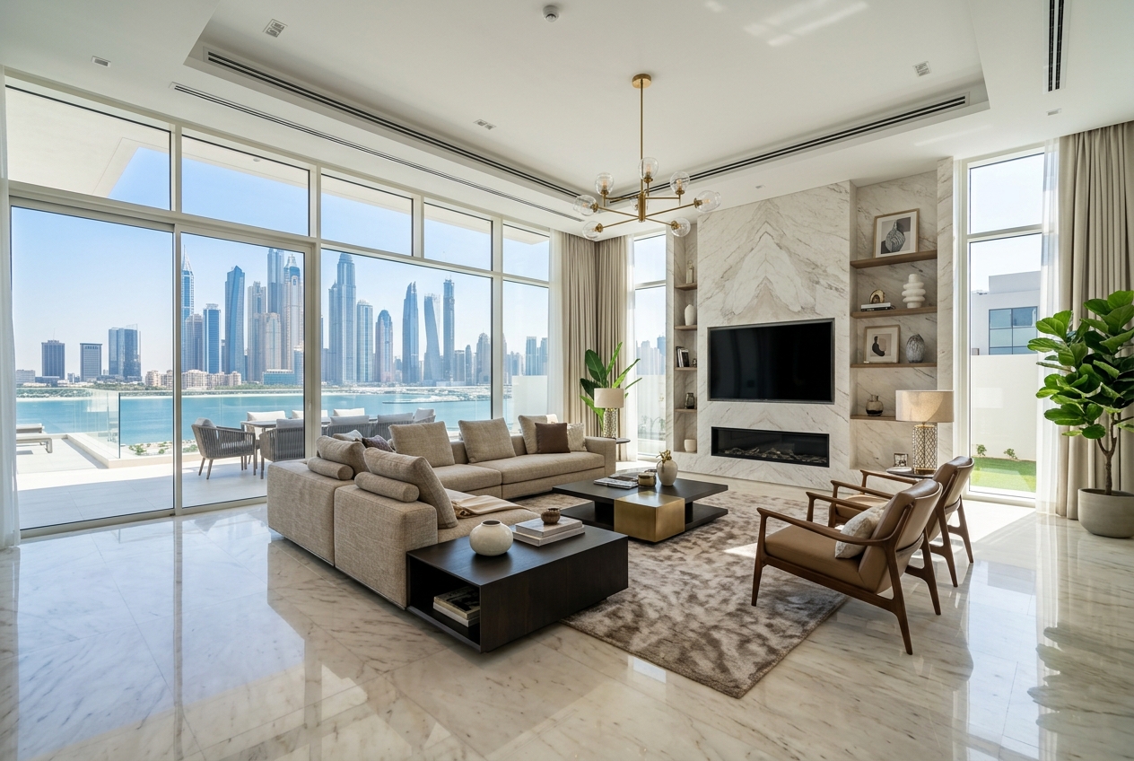 A spotless living room in a Dubai villa