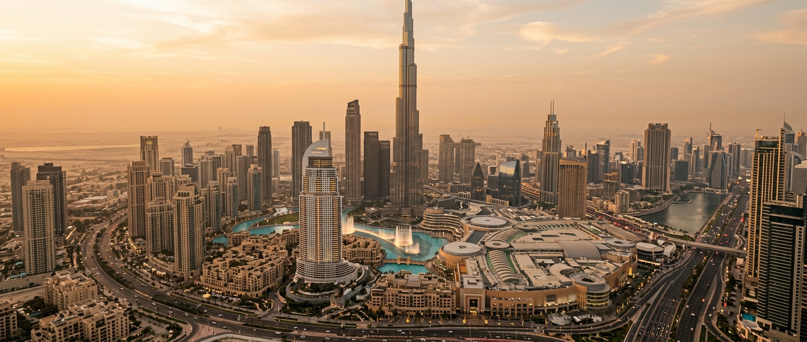 The Dubai skyline at golden hour