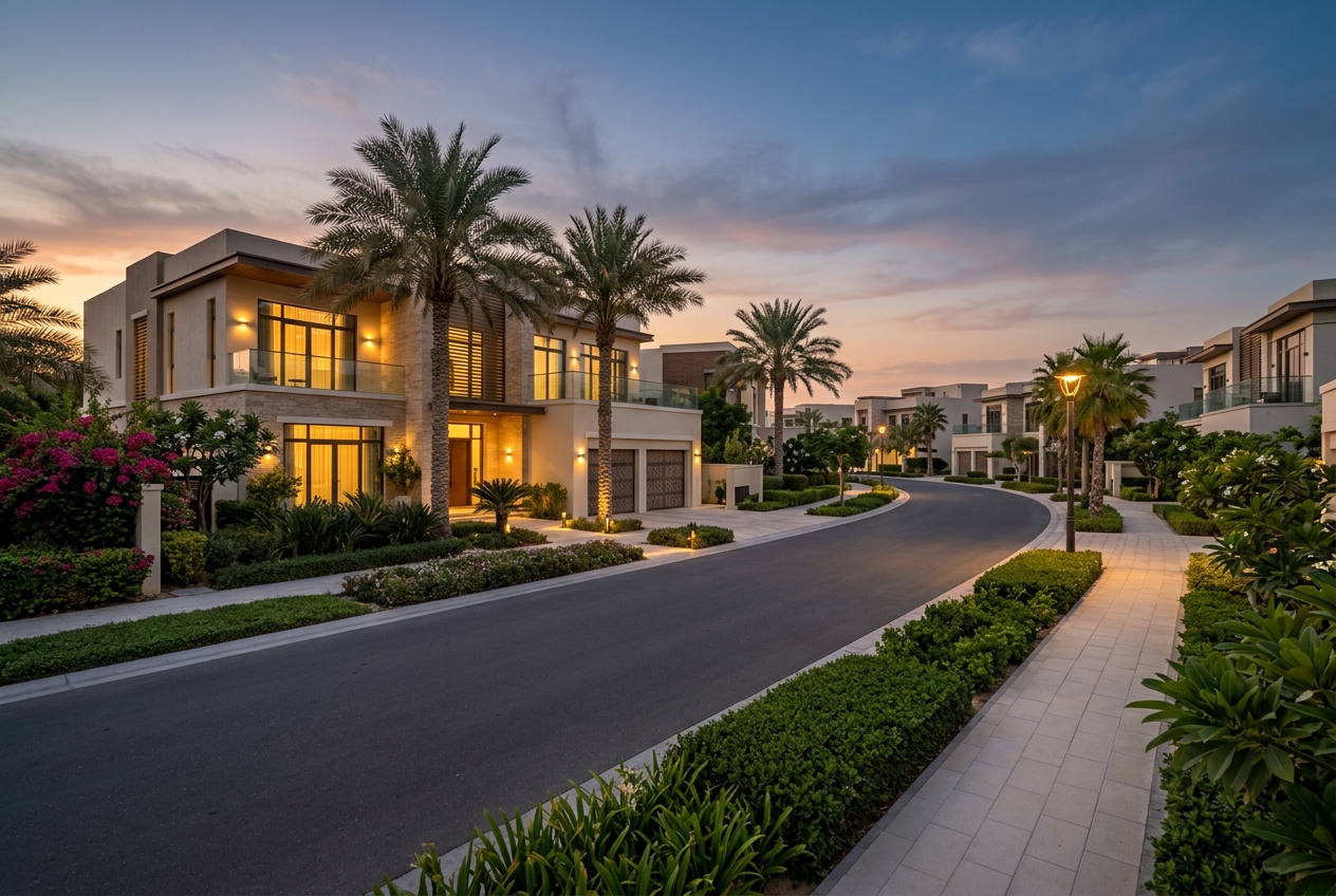 An upscale Dubai villa community at dusk